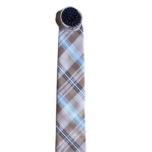 TH Silk Men's Double Design Slanted Checkered Polka Dot Neck Tie Beige Brown